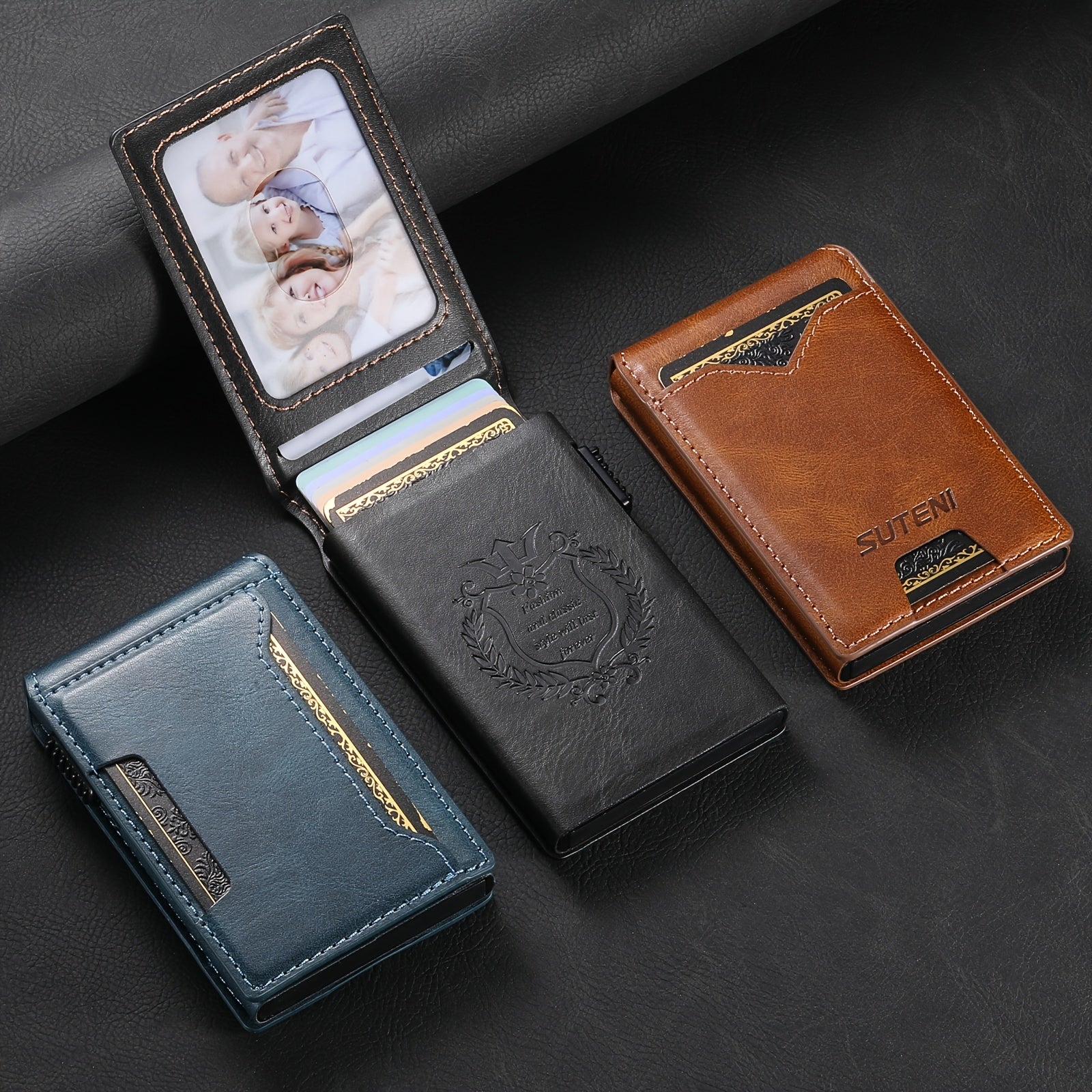 SUTENI Men’s Automatic Card Ejector Wallet – Light Brown Oil-Wax Faux Leather Business Wallet with Flip Cover, Photo Slot & Multiple Card Slots