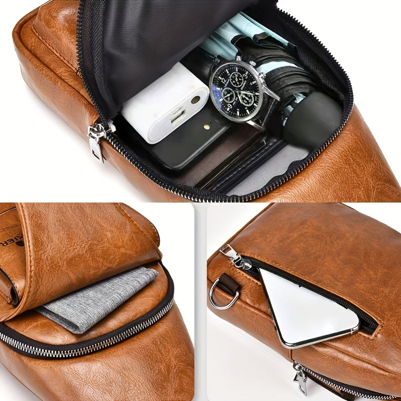 Men’s Retro Faux Leather Crossbody Chest Bag – Large Capacity Multi-Compartment Travel Shoulder Bag by YMK