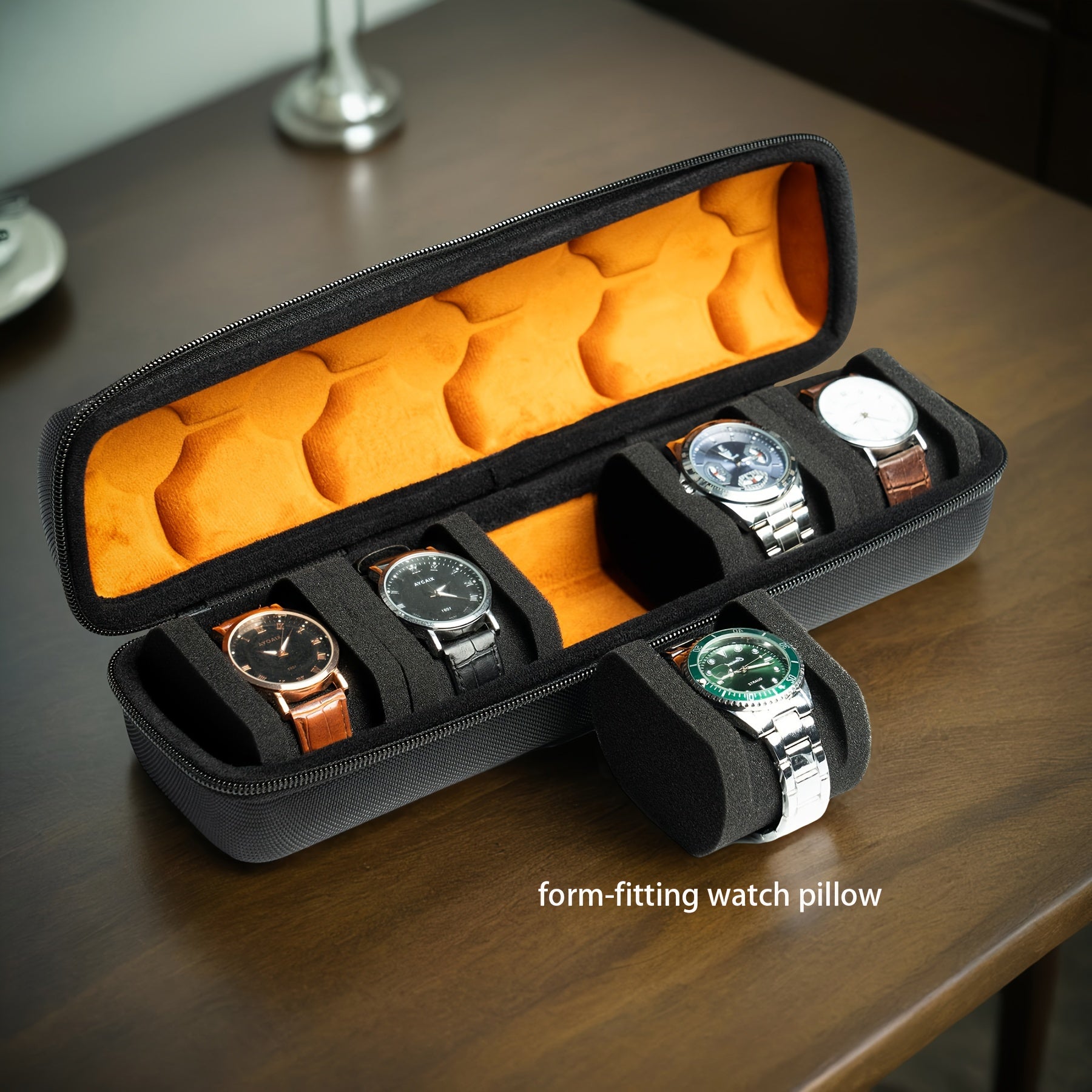 5-Slot Travel Watch Case Organizer – Hard Shell Black Nylon Watch Storage Box with Shock-Absorbing Orange Cushions for Small to Large Watches