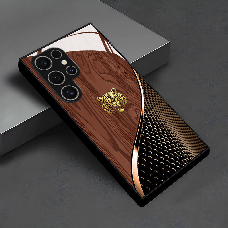 Golden Tiger Wood Grain Tempered Glass Case for Samsung Galaxy S25/S24/S23/S22/S20 & A Series – Luxury Metal Bling Designer Phone Cover/case.