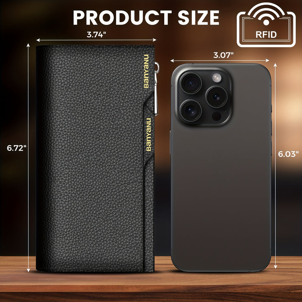 BANYANU Men’s RFID Blocking Long Leather Wallet – Top Grain Clutch with 25 Card Slots, Phone Pocket, Wristlet & Snap Closure