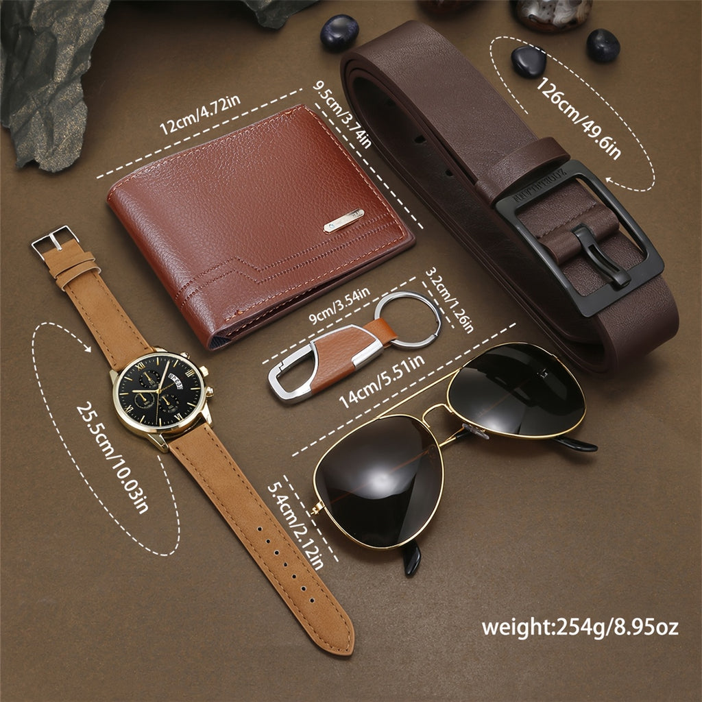 5-Piece Men’s Luxury Business Gift Set – Golden-Tone Quartz Watch, Aviator Glasses, Brown Wallet, Belt & Keychain – Fashion Accessories for Parties & Holidays