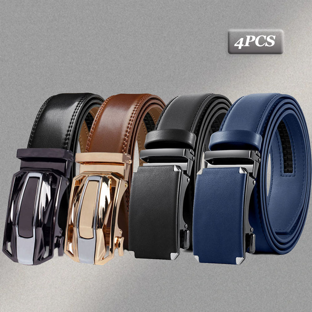 4-Pack Men’s Genuine Leather Belts with Automatic Golden Buckle – Brown Casual & Dress Belt Set for Business, Jeans, Office & Weddings