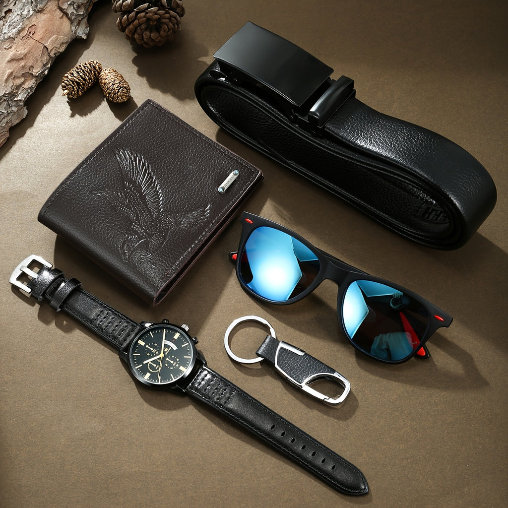 Luxury 5-Piece Men’s Accessory Gift Set – Quartz Watch, Eagle Wallet, Blue Mirror Glasses, Belt & Keychain in Elegant Gift Box
