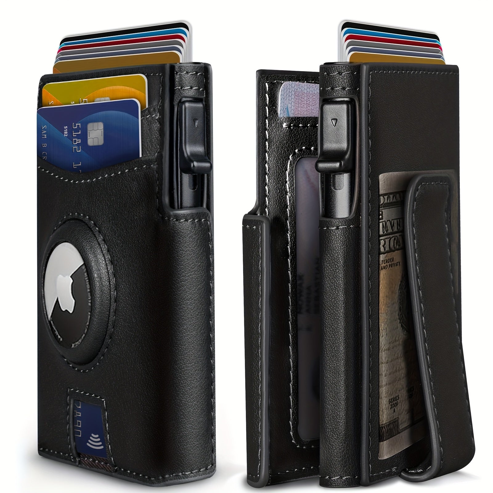 Ultra-Thin Magnetic RFID Men’s Flip Wallet with AirTag Slot – Black Microfiber Leather, Large-Capacity Anti-Theft Card Holder – Contrast Interior Business Wallet, Christmas & Valentine’s Gift (AirTag Not Included)