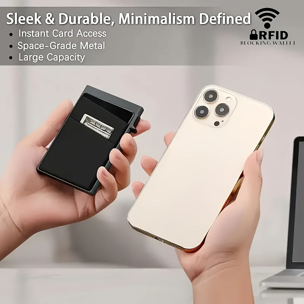 2-Pack Ultra-Slim RFID Blocking Card Holder Wallet for Men – Automatic Pop-Up Aluminum Alloy Minimalist Wallet with Money Pocket for Cards, Notes & Coins