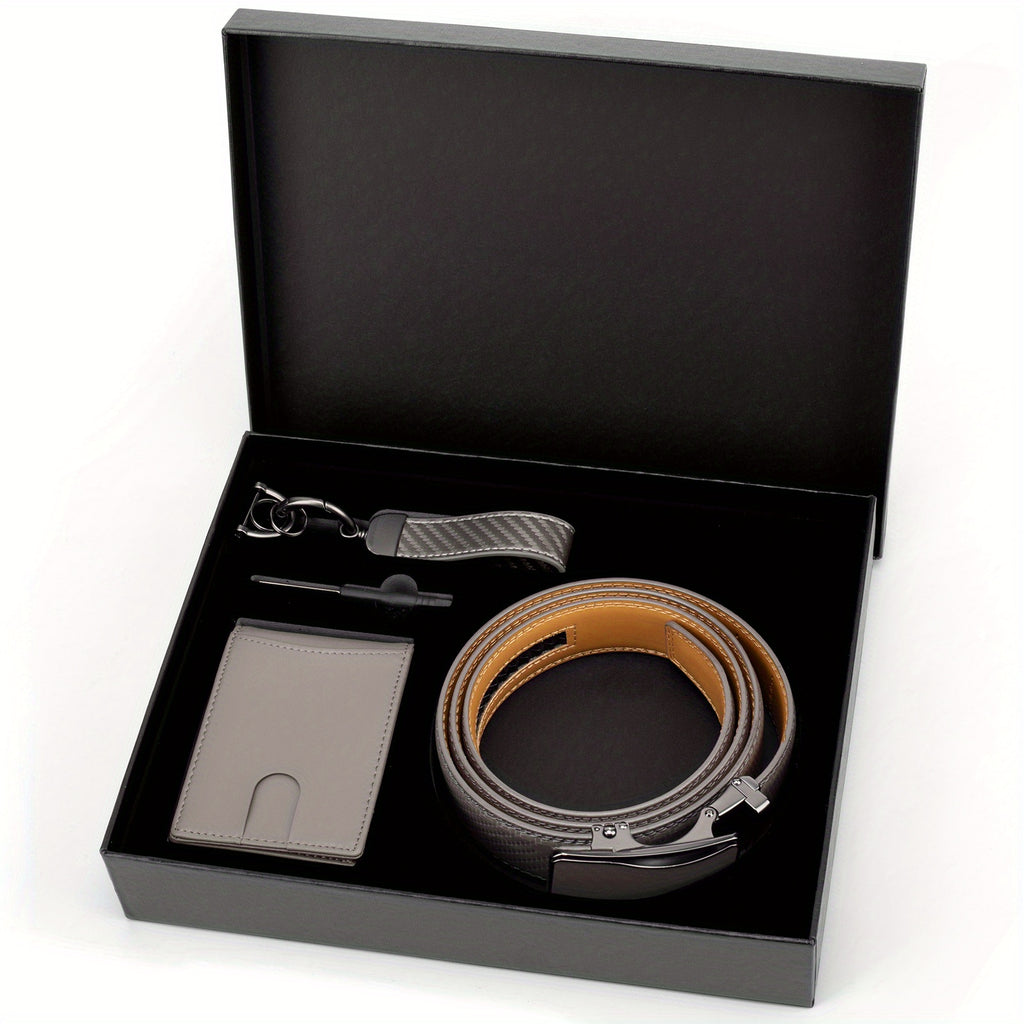 Men’s 4pcs Genuine Leather Belt Gift Set with Wallet & Keychain – Durable Microfiber & Cowhide Belt Combo in Gift Box – Best Father’s Day, Valentine’s & Christmas Present