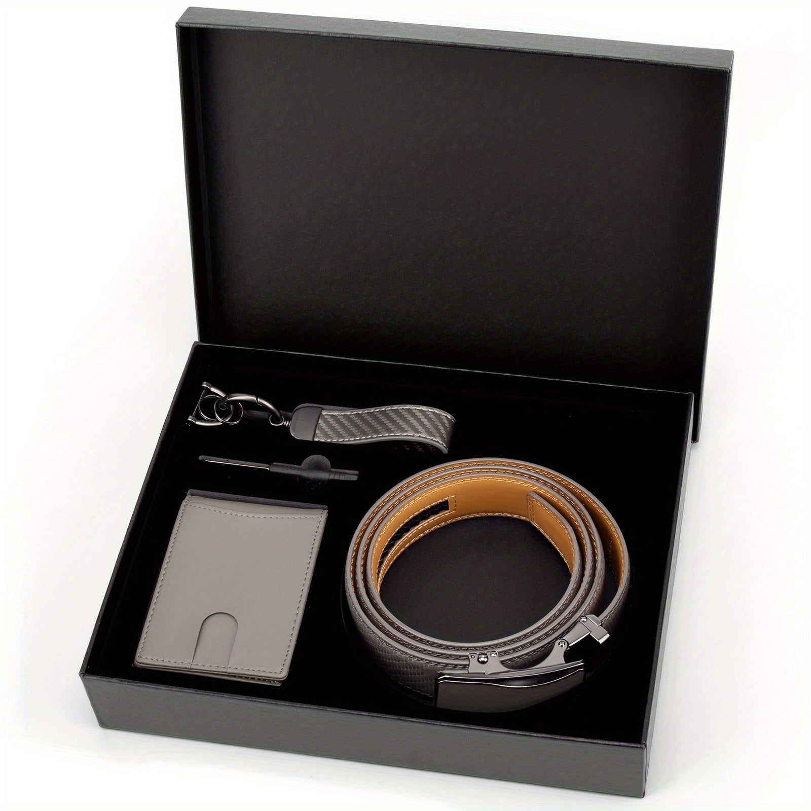 Men’s 4pcs Genuine Leather Belt Gift Set with Wallet & Keychain – Durable Microfiber & Cowhide Belt Combo in Gift Box – Best Father’s Day, Valentine’s & Christmas Present