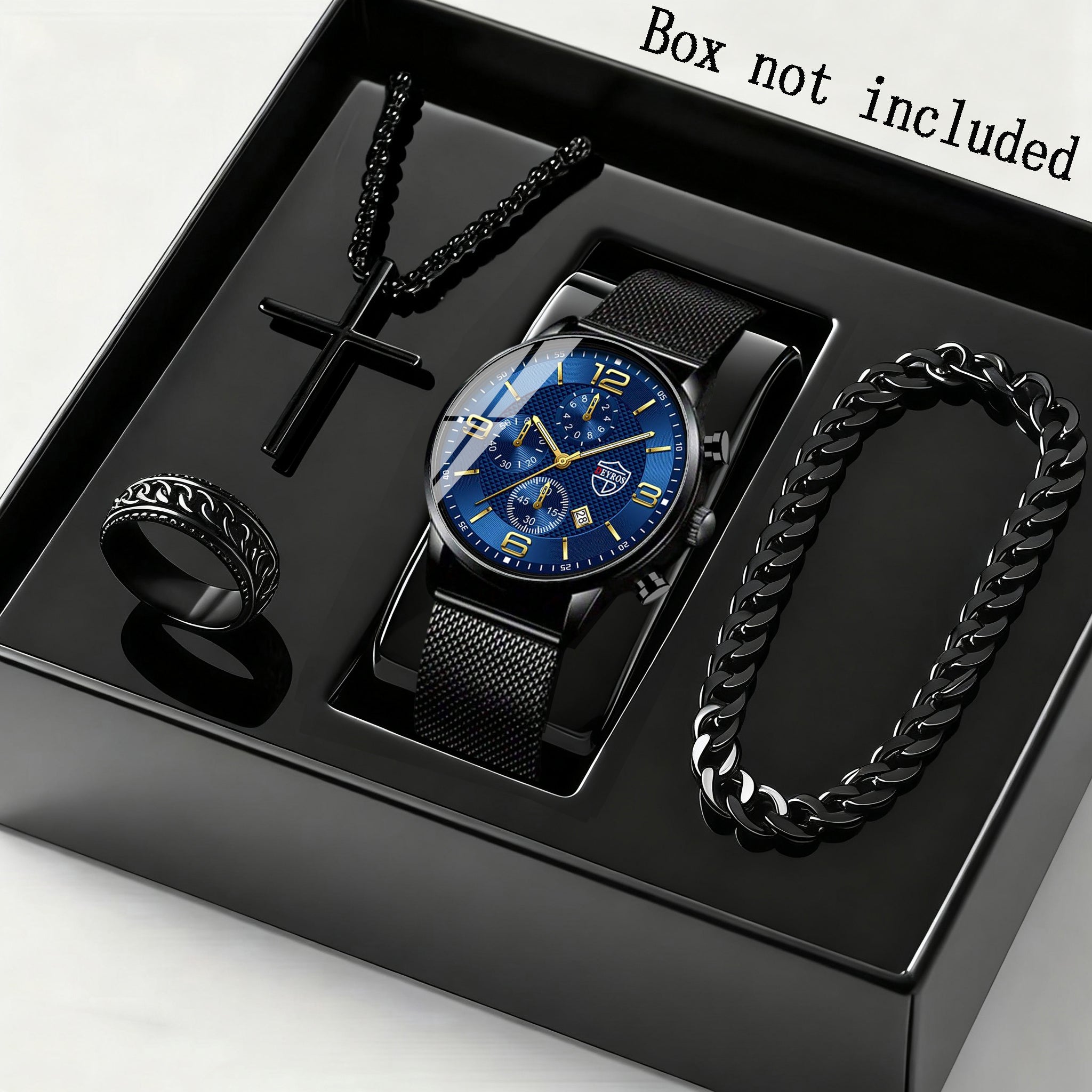 4pcs Men’s Quartz Watch & Bracelet Gift Set – Stainless Steel Analog Date Watch with Matching Bracelet & Necklace, Casual & Business Accessory Set for Father’s Day, Graduation & Teacher’s Day