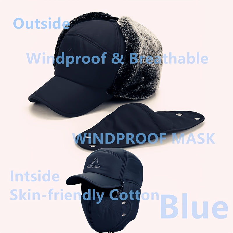 Unisex Winter Ski Hat with Detachable Face Mask & Windproof Earmuffs – Fleece-Lined Full Face Coverage for Skiing, Snowboarding, Cycling & Ice Skating