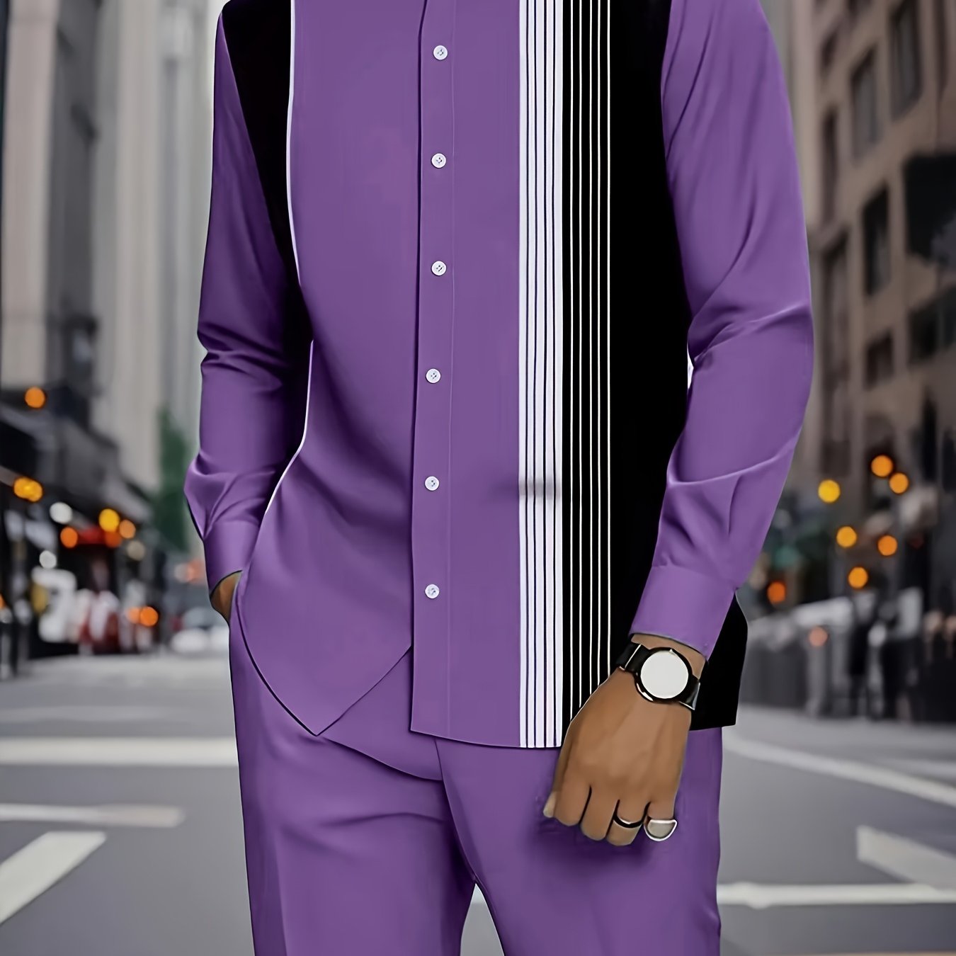 2025 Autumn Men’s Purple & Black Striped Casual Shirt Set – Long Sleeve Button-Up Top & Pants, Stand Collar, Regular Fit, Work & Daily Wear