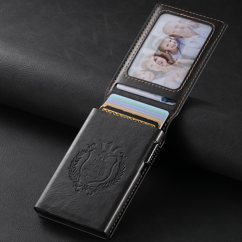 SUTENI Men’s Automatic Card Ejector Wallet – Light Brown Oil-Wax Faux Leather Business Wallet with Flip Cover, Photo Slot & Multiple Card Slots