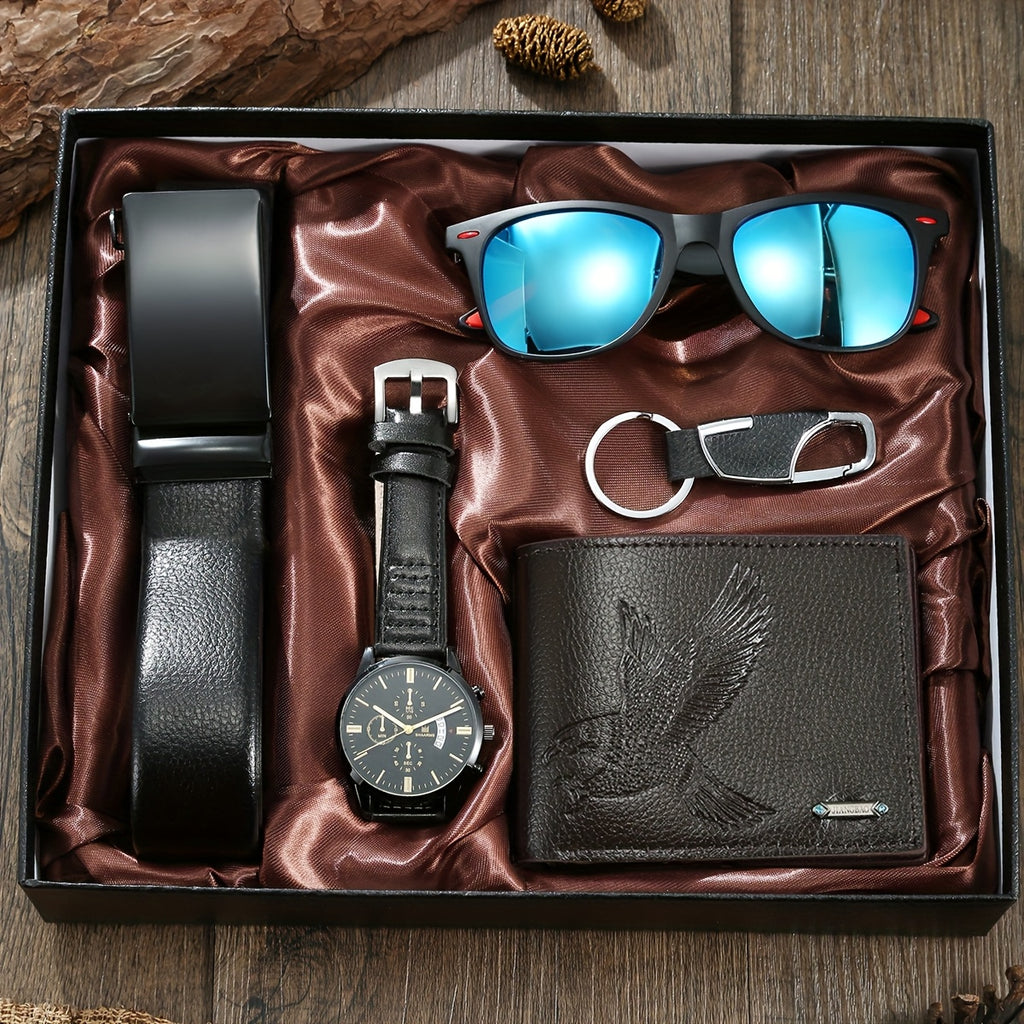 Luxury 5-Piece Men’s Accessory Gift Set – Quartz Watch, Eagle Wallet, Blue Mirror Glasses, Belt & Keychain in Elegant Gift Box