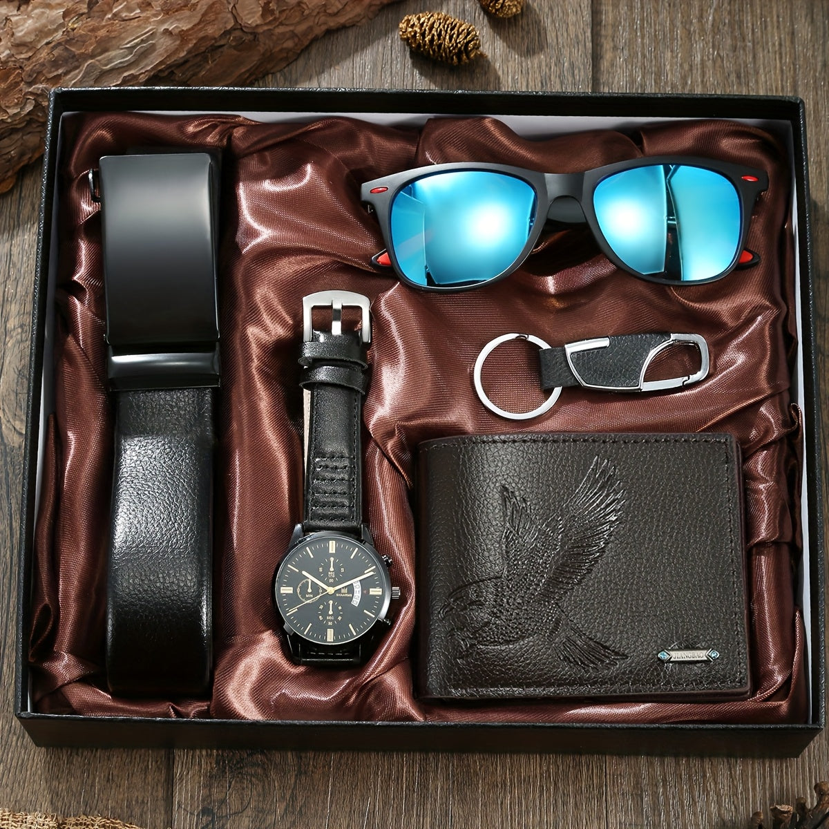 Luxury 5-Piece Men’s Accessory Gift Set – Quartz Watch, Eagle Wallet, Blue Mirror Glasses, Belt & Keychain in Elegant Gift Box