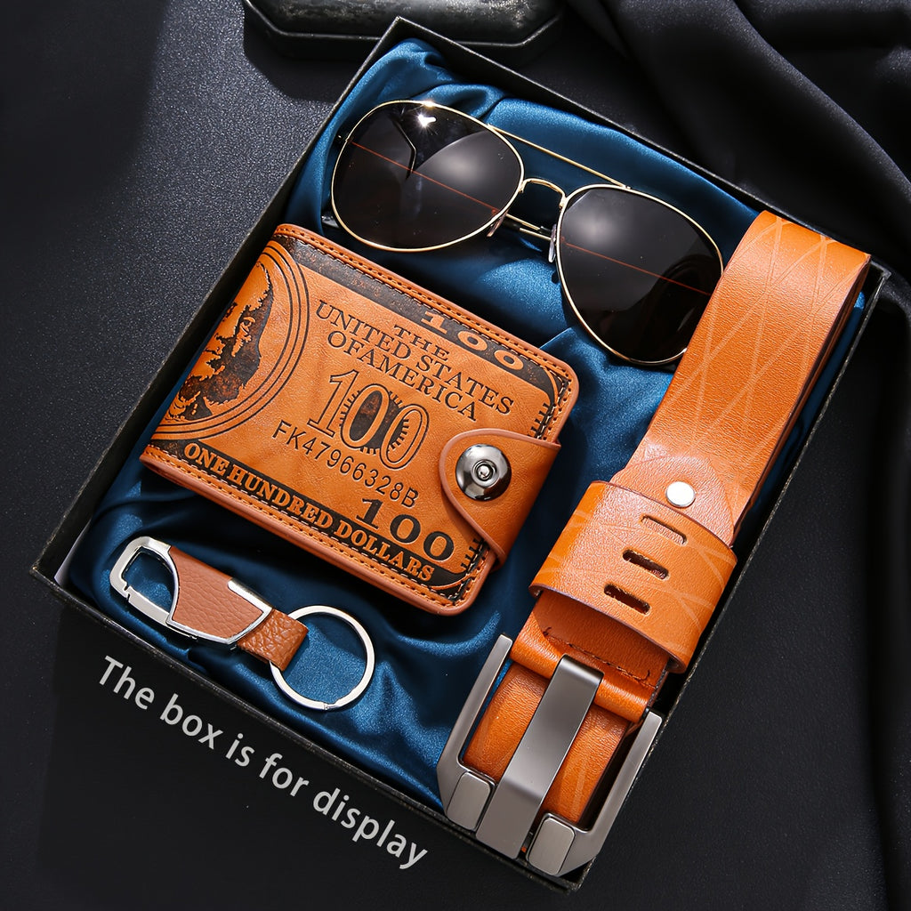 4pcs Men’s Luxury PU Wallet & Belt Gift Set with Keychain & Eyeglass Case – Heavy-Duty Interlocking Wallet & Multi-Functional Belt in Elegant Black Gift Box for Husband or Boyfriend