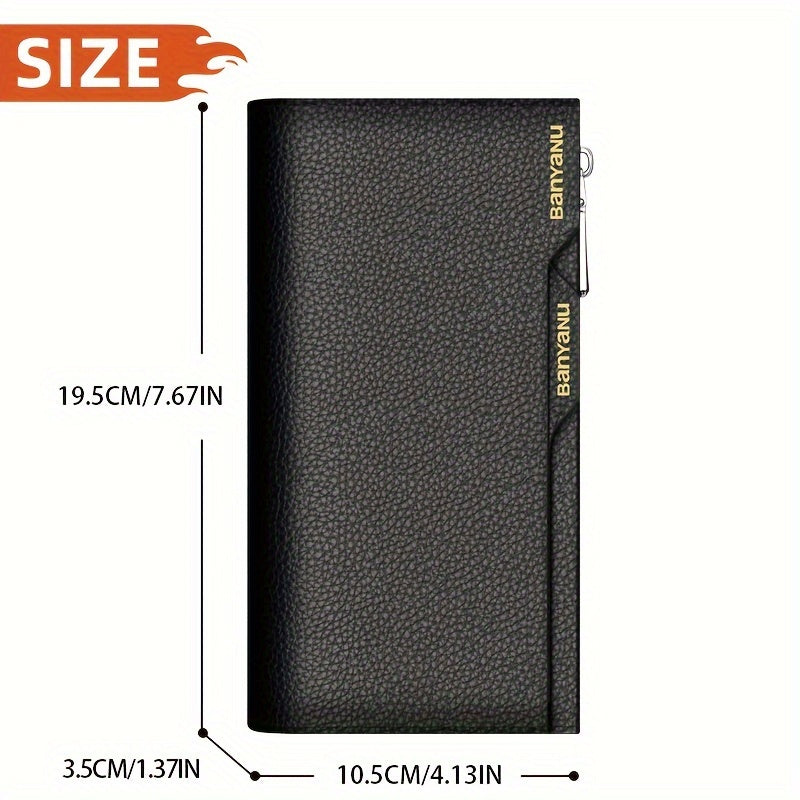 BANYANU Top Grain Leather Zipper Wallet – Large Capacity Multi-Card Holder with Lanyard, Faux Leather Lining & ID Window for Men and Women