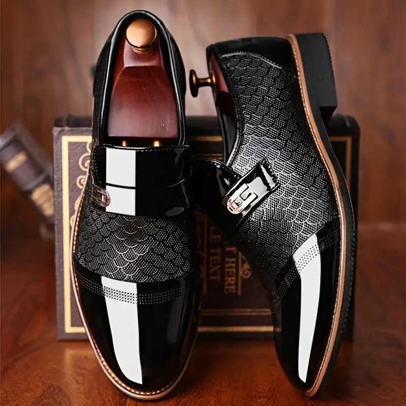 Men’s Embossed Slip-On Business Oxfords – Pointed Toe Lug Sole Dress Shoes for Wedding, Party & Office, Low-Top Formal Shoes in Solid Color
