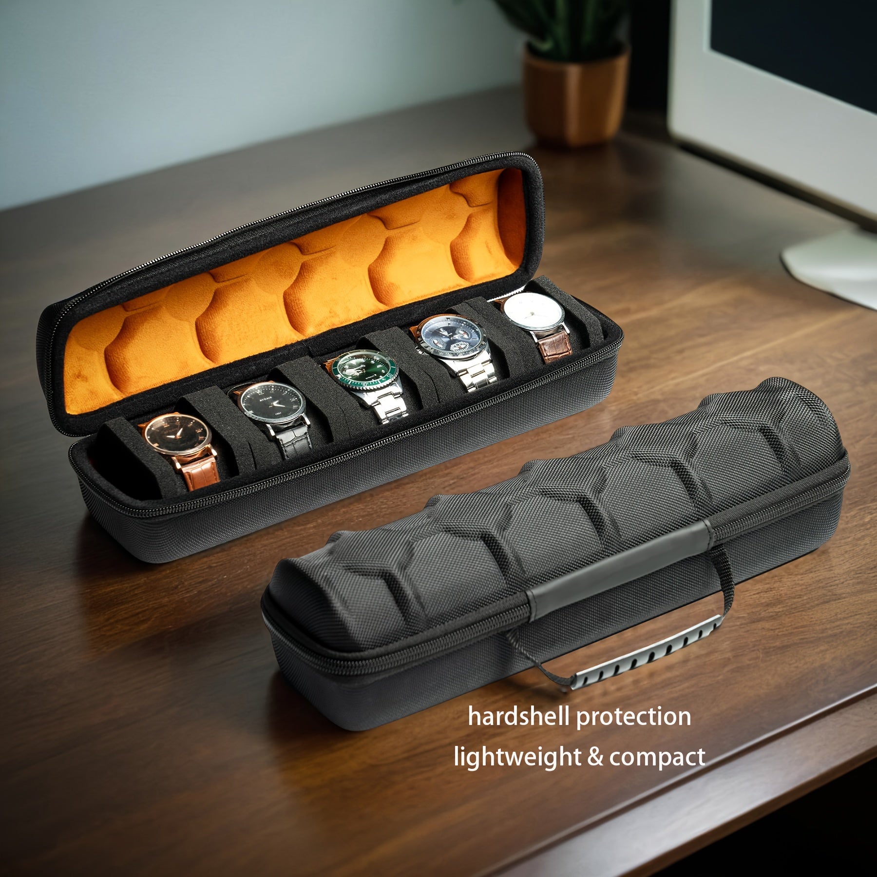 5-Slot Travel Watch Case Organizer – Hard Shell Black Nylon Watch Storage Box with Shock-Absorbing Orange Cushions for Small to Large Watches