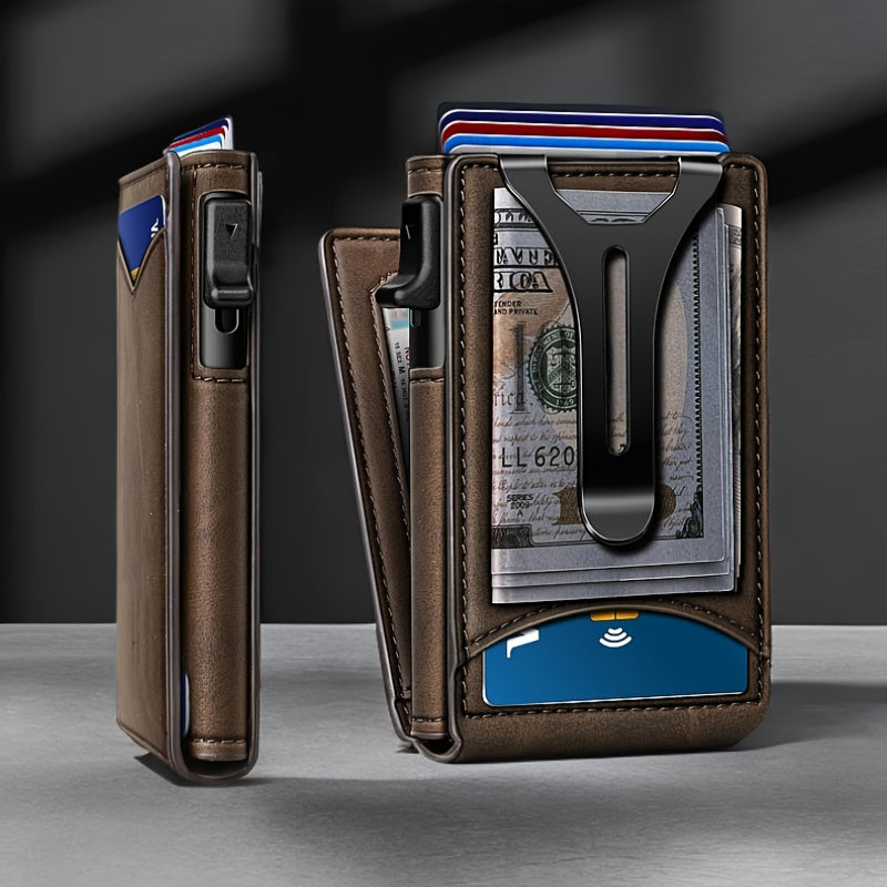 Men’s Burgundy RFID Blocking Metal Wallet – Ultra-Thin Pop-Up Aluminum-Style Cardholder with Cash Pocket & ID Slot for Everyday Carry, Business & Travel