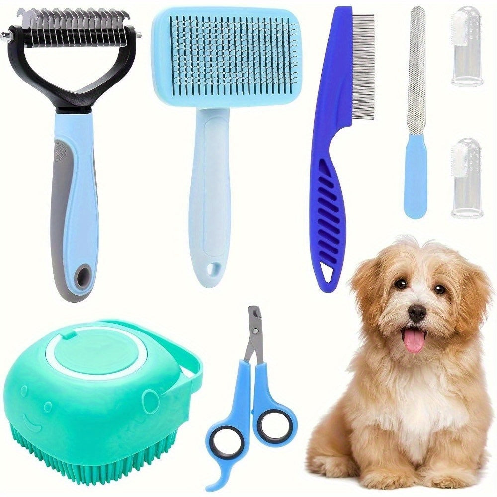 8pcs All-in-One Pet Grooming Kit – Heavy-Duty Nylon Brushes, Undercoat Rake, Nail Clippers & File for Dogs & Cats, Professional Home Deshedding Set for Large, Medium & Small Pets