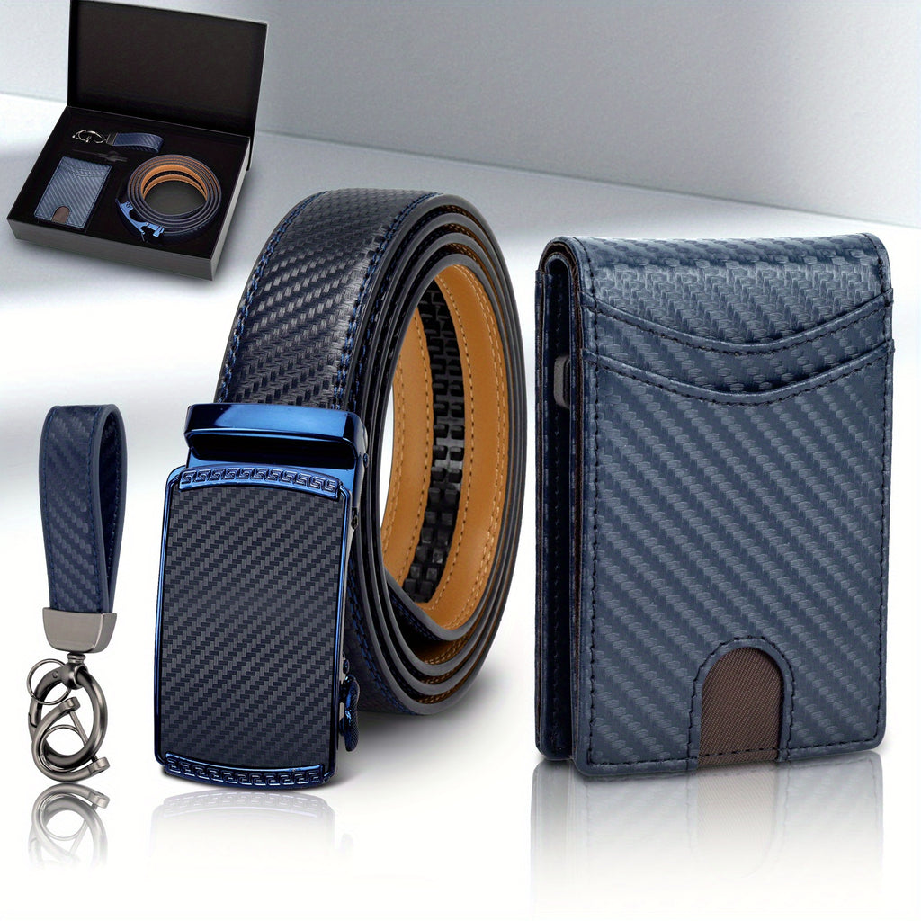 4pcs Men’s Top-Grain Leather Ratchet Belt & Wallet Gift Set – Blue Wallet, Keychain & Gift Box – Perfect Birthday, Father’s Day, Graduation & Valentine’s Day Present
