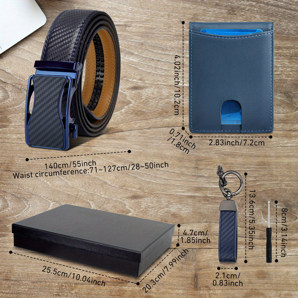 Men’s 4pcs Genuine Leather Belt Gift Set with Wallet & Keychain – Durable Microfiber & Cowhide Belt Combo in Gift Box – Best Father’s Day, Valentine’s & Christmas Present