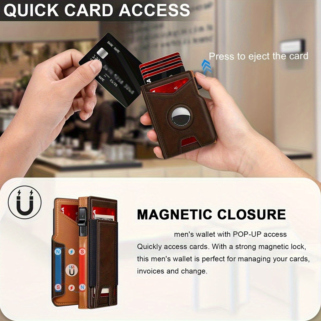 Men’s RFID Blocking Smart Bifold Wallet – Coffee Brown Microfiber Leather, Aluminum Card Holder, Elastic Cash Slot & Magnetic Closure