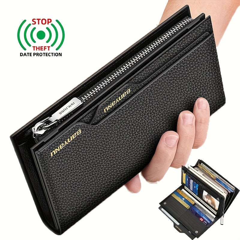 BANYANU Men’s RFID Blocking Long Leather Wallet – Top Grain Clutch with 25 Card Slots, Phone Pocket, Wristlet & Snap Closure