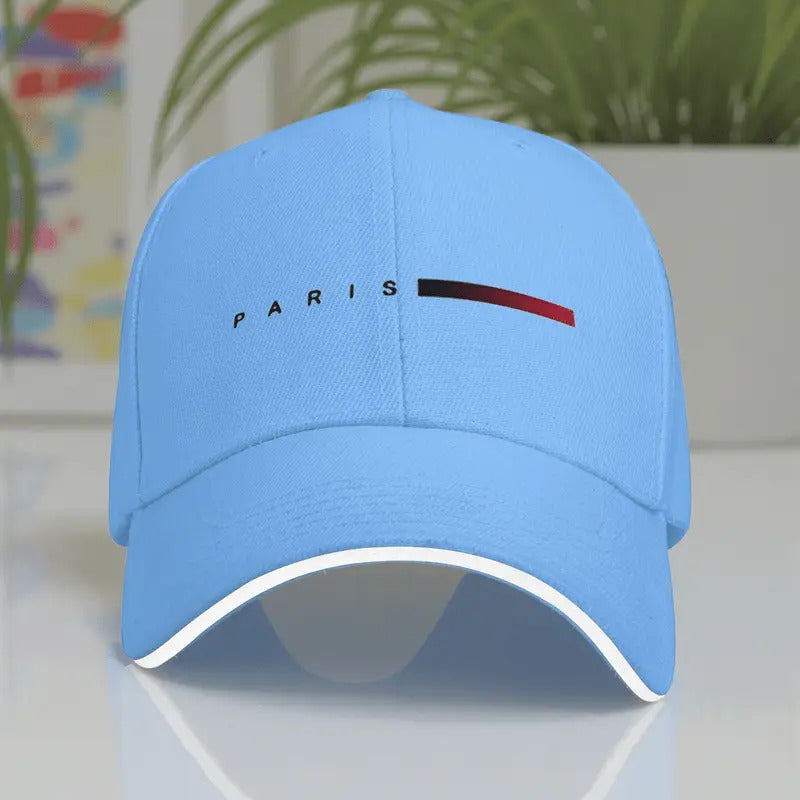 Unisex Paris Print Adjustable Baseball Cap – Blue & Red Striped PVC-Coated Sun-Proof Streetwear Hat for Men & Women
