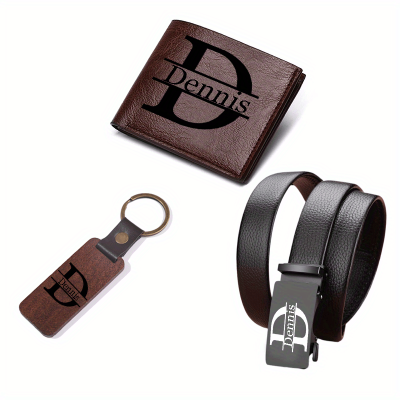 3pcs Custom Men’s Wallet, Belt & Keychain Gift Set – Personalized Name/Letter PU Leather Set for Father’s Day, Weddings, Birthdays & Graduation – Unique Gift for Son, Boyfriend, Friend & Classmate