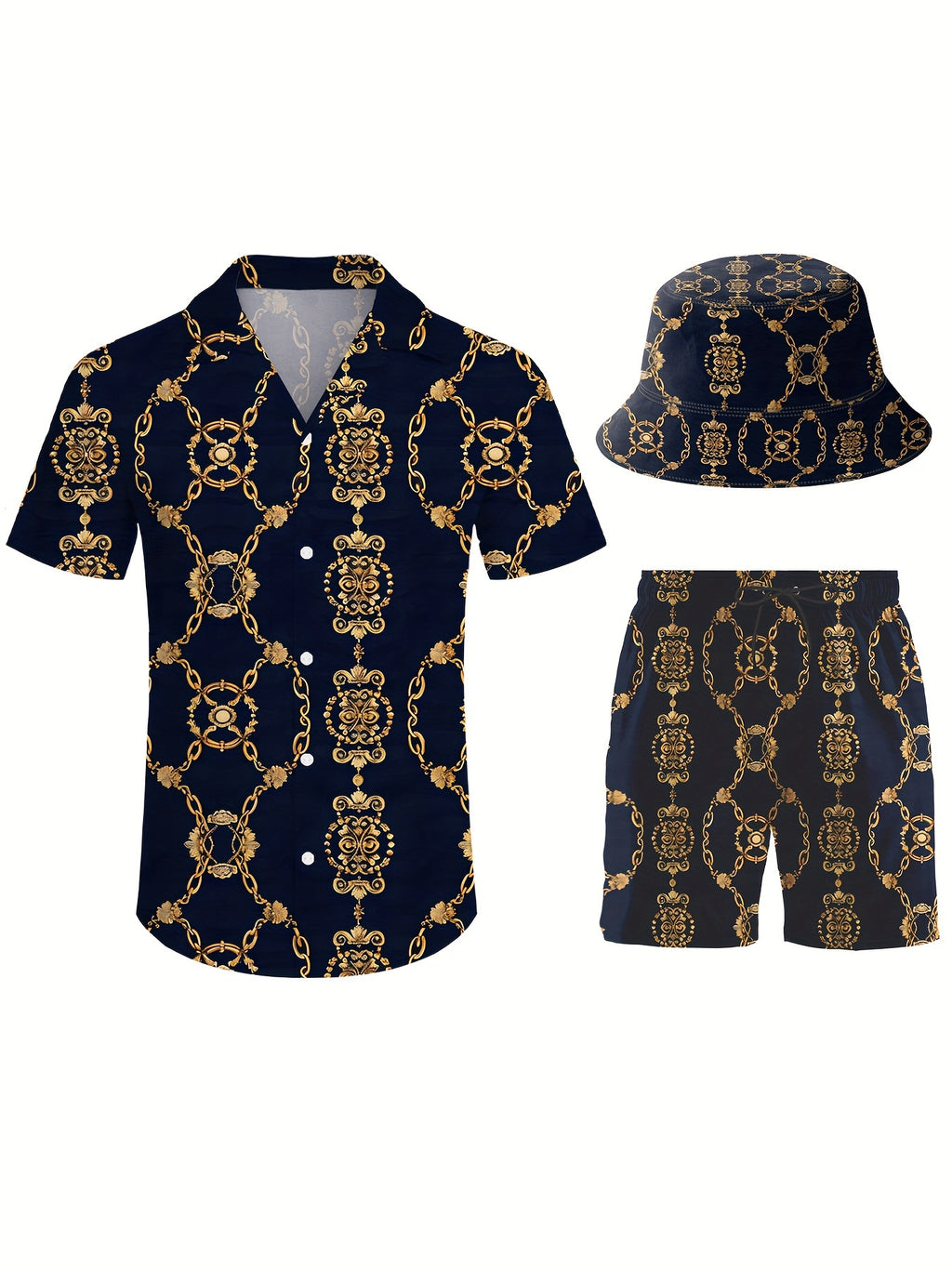 Men’s 3-Piece Retro Beach Outfit Set – Golden Chain Hawaiian Sportswear with Shirt, Shorts & Bucket Hat