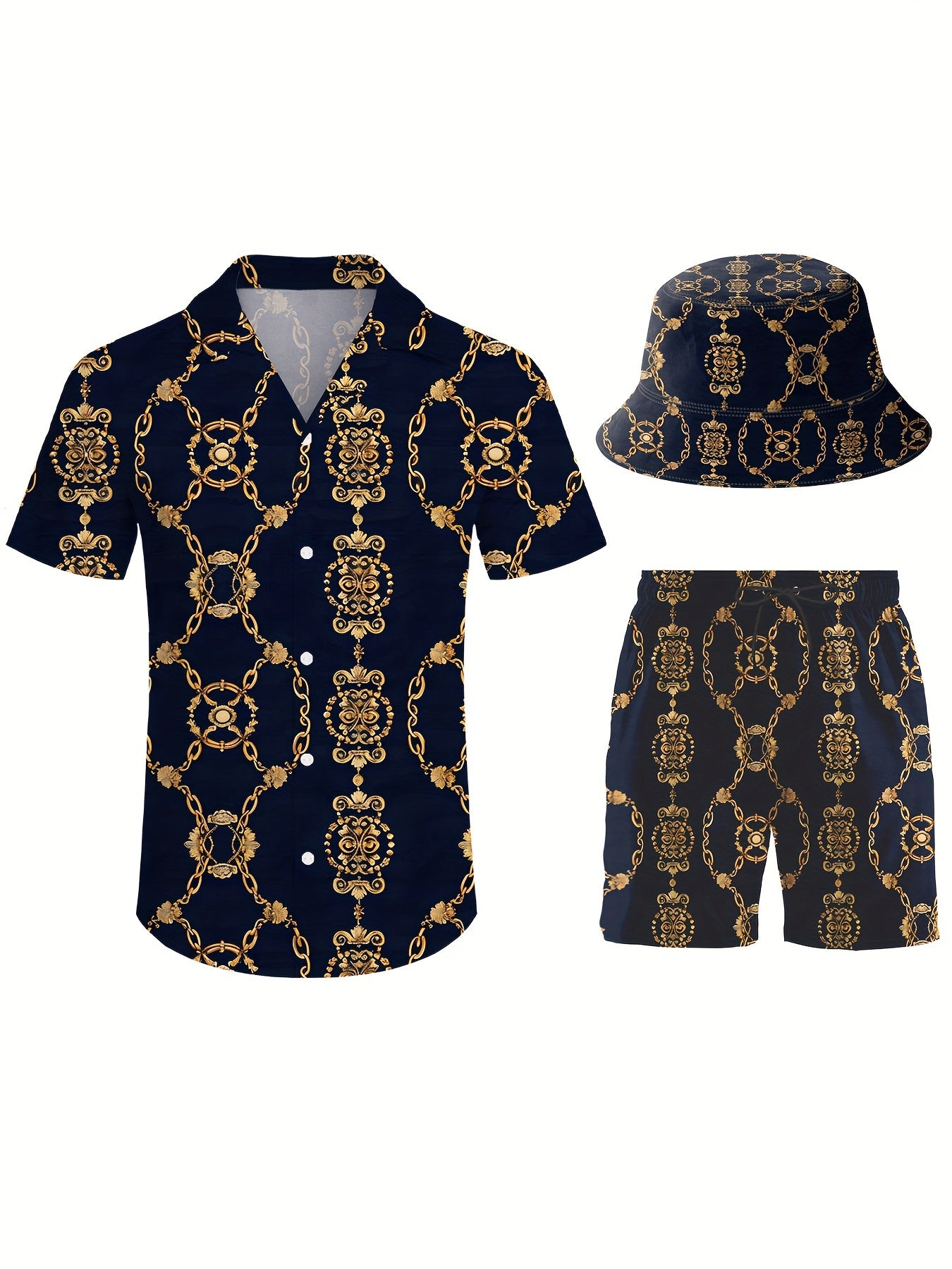 Men’s 3-Piece Retro Beach Outfit Set – Golden Chain Hawaiian Sportswear with Shirt, Shorts & Bucket Hat
