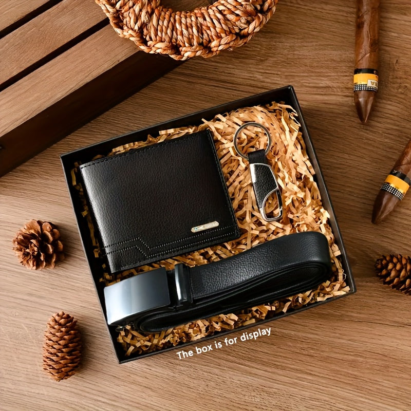 3pcs Men’s Casual Wallet, Belt & Keychain Gift Set – Versatile Faux Leather Accessories for Dad & Boyfriend – Back-to-School, Birthday, Halloween & Christmas Present