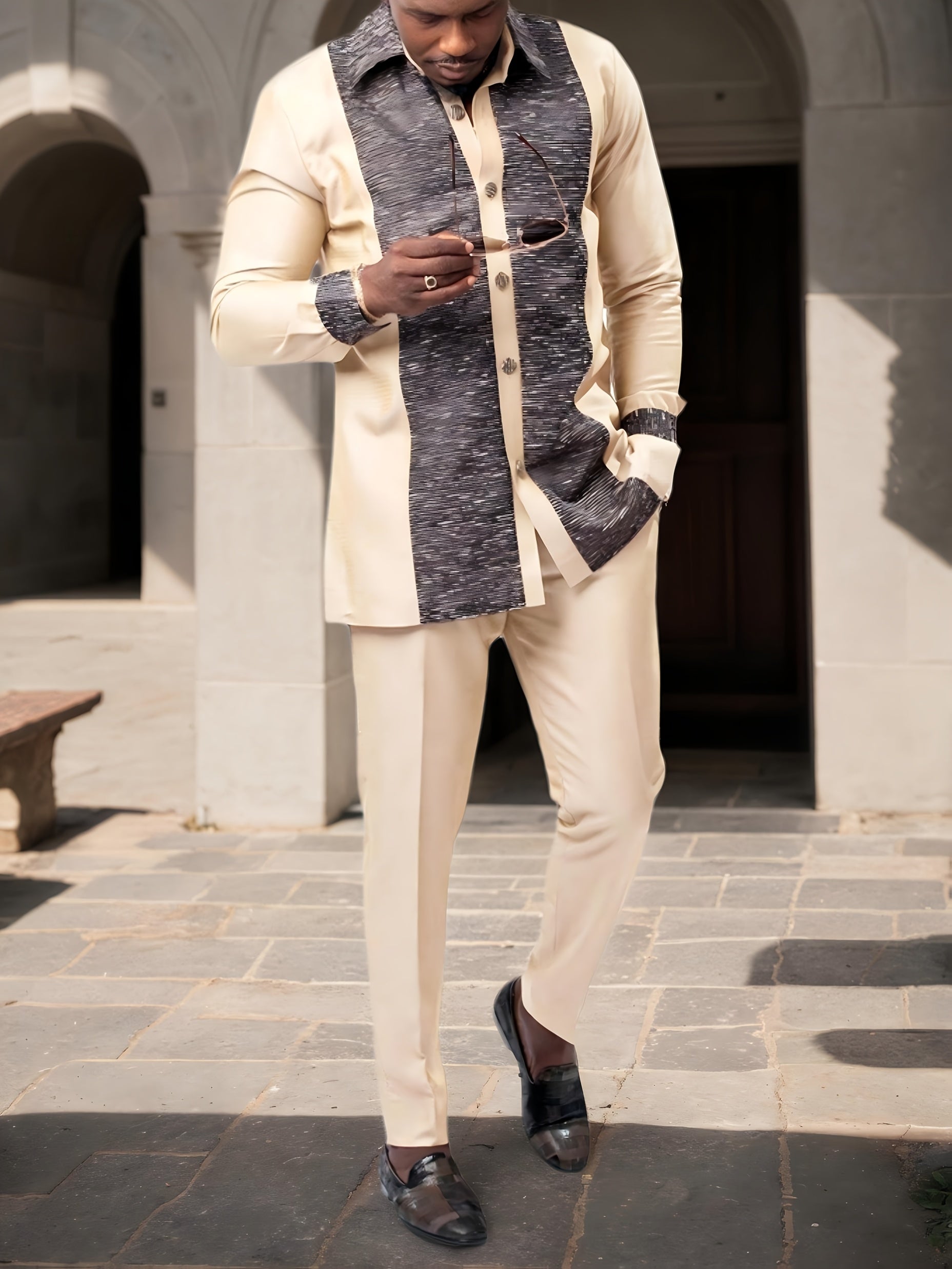 2025 Luxury Traditional Men’s Two-Piece Suit Set – Ethnic Style Long-Sleeve Shirt & Pants with Belt, Patchwork Party Outfit for Travel, Banquet & Casual Wear