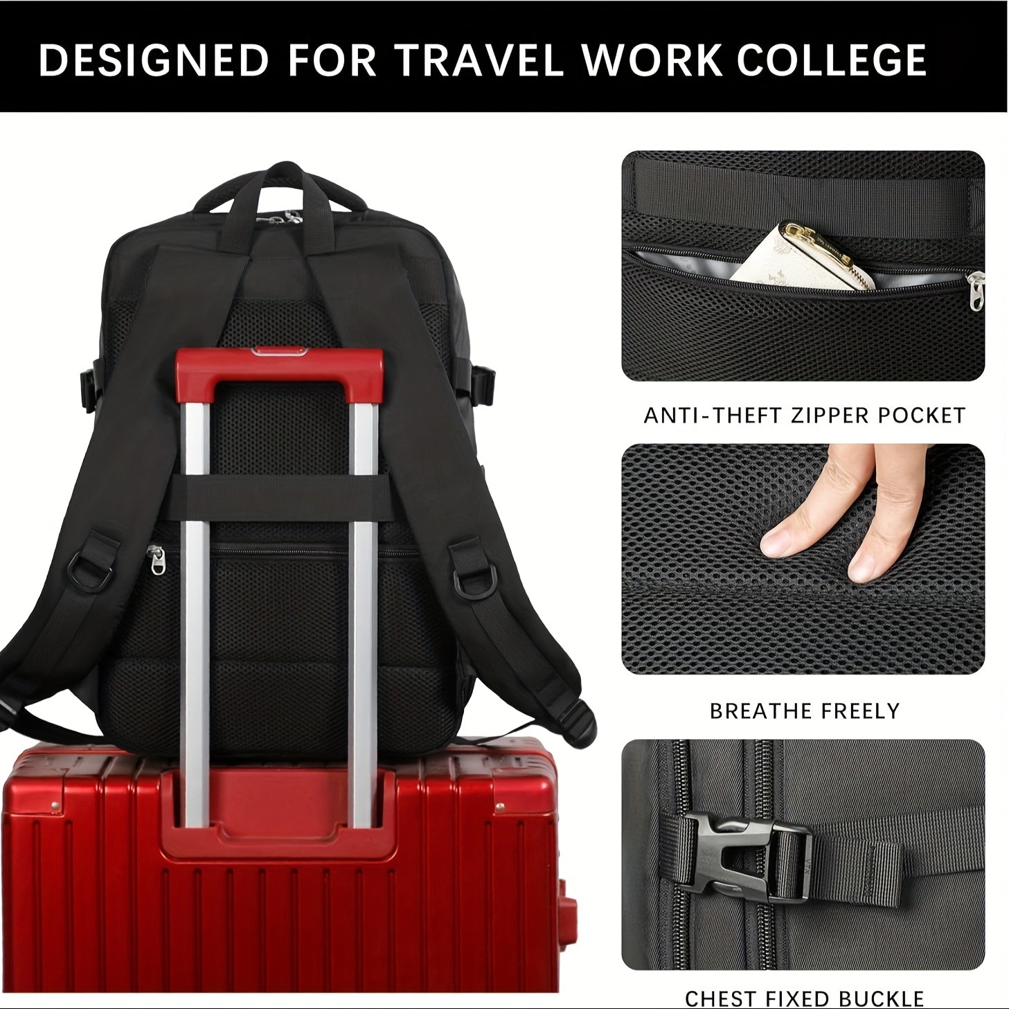 MSBAG Large Travel Backpack with USB Port & Laptop Compartment – TSA-Approved Carry-On, Shoe Pocket, Heavy-Duty Black Hiking & Business Weekender Bag