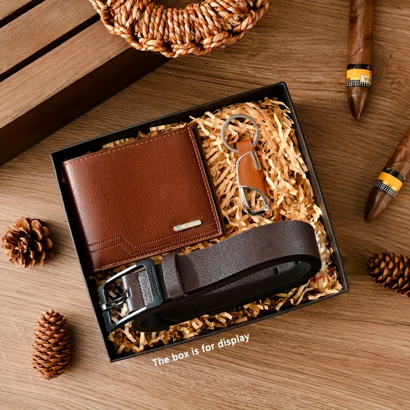 3pcs Men’s Casual Wallet, Belt & Keychain Gift Set – Versatile Faux Leather Accessories for Dad & Boyfriend – Back-to-School, Birthday, Halloween & Christmas Present