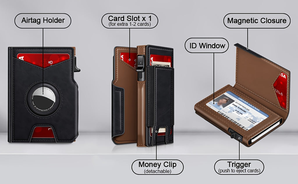 Men’s RFID Blocking Smart Bifold Wallet – Coffee Brown Microfiber Leather, Aluminum Card Holder, Elastic Cash Slot & Magnetic Closure