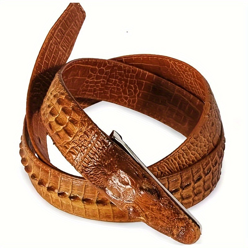 Men’s Crocodile Pattern Embossed Leather Belt – Black Two-Layer Cowhide Belt with Animal Buckle, Casual Fashion Waist Belt for Jeans & Dress Pants