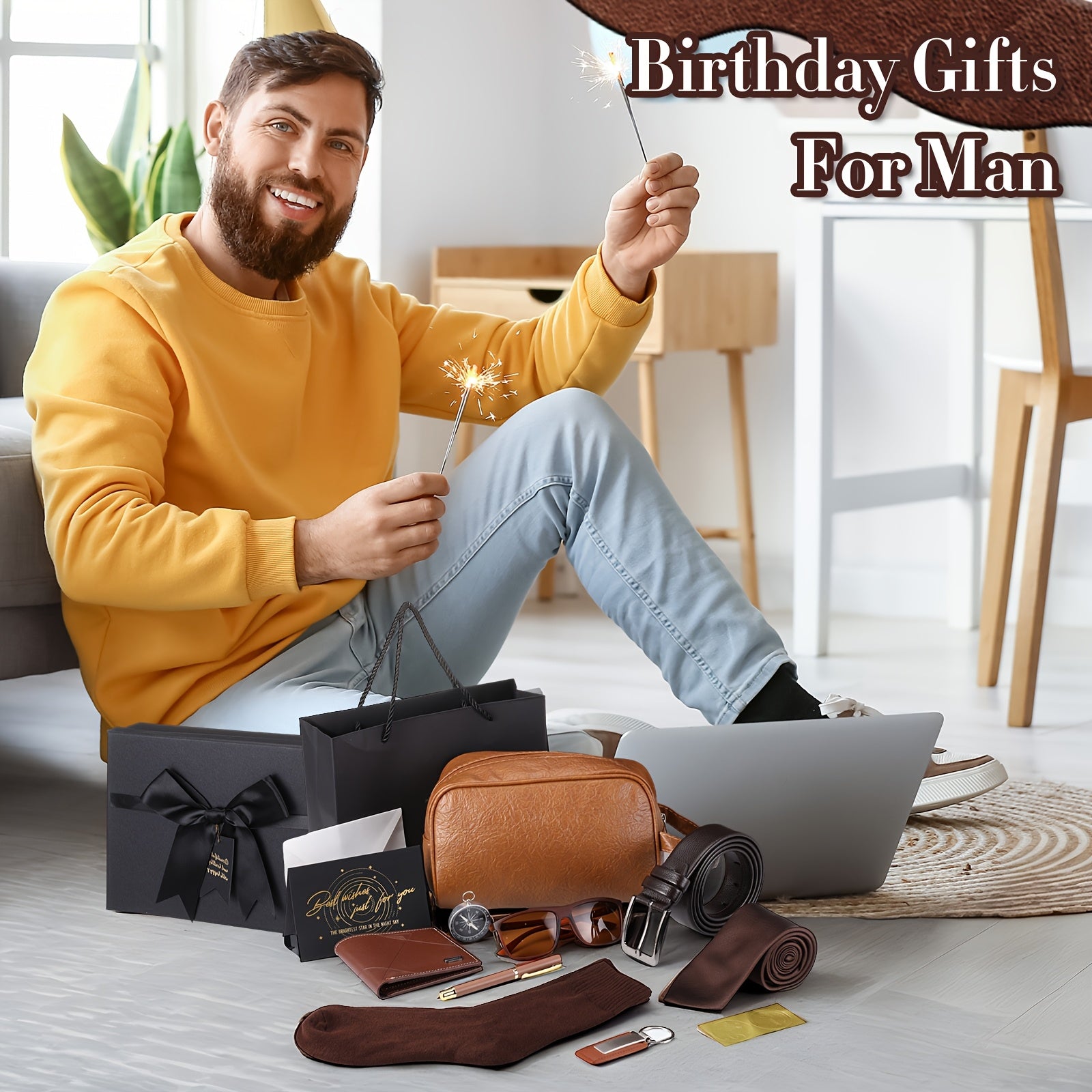 12-Piece Men’s & Father’s Day Gift Set – Brown PU Leather Wallet, Toiletry Bag, Tie, Socks, Belt, Keychain, Glasses, Pen & Compass in Gift Box