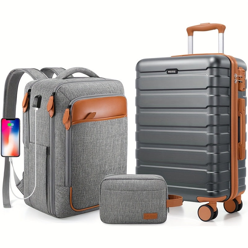 Luggage Sets 3pcs, Carry On Luggage 20 Inch With Spinner Wheels, PC Hardside Suitcase Set With TSA Lock, Durable Carry On Suitcase With Travel Backpack For Men Women