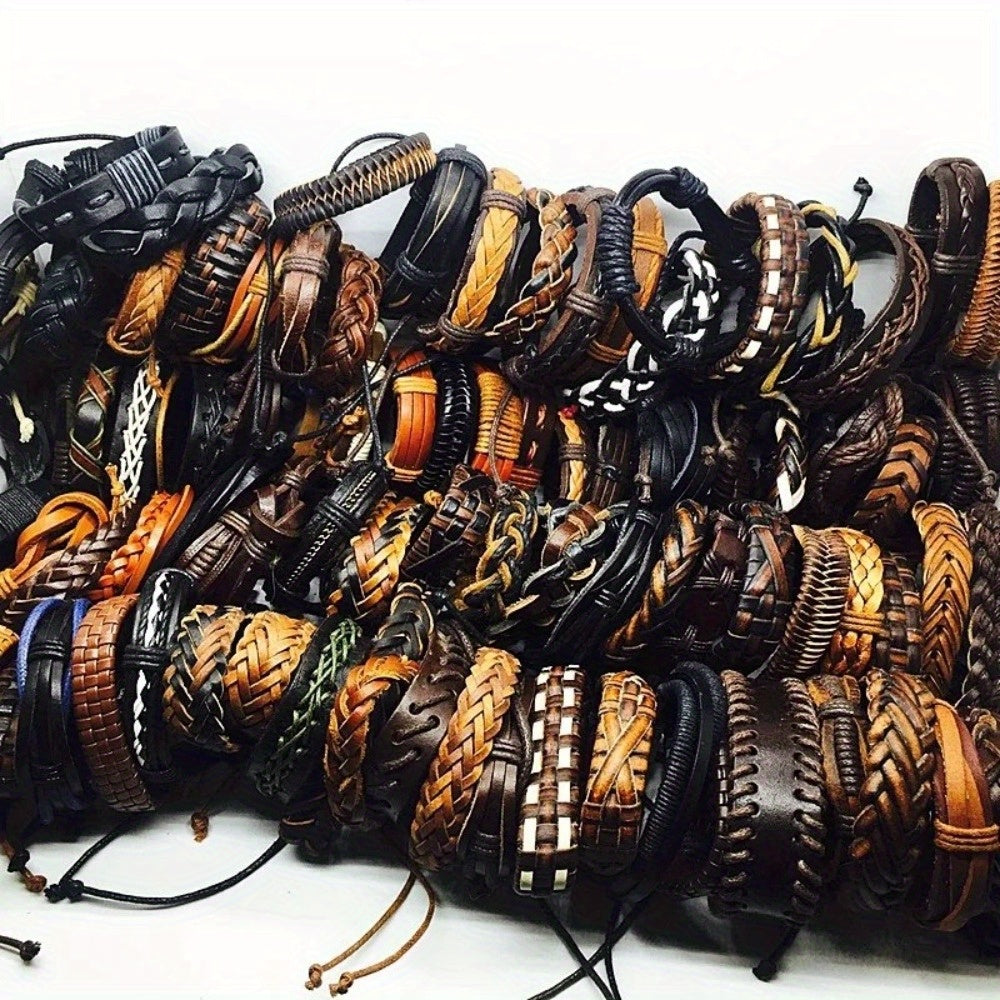 10pcs Mixed-Color Hand-Woven Bracelet Set – Retro Ethnic Vintage Style Unisex Artificial Leather Bracelets for Casual Wear & Halloween Gifts