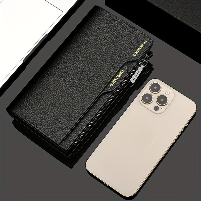 BANYANU Top Grain Leather Zipper Wallet – Large Capacity Multi-Card Holder with Lanyard, Faux Leather Lining & ID Window for Men and Women