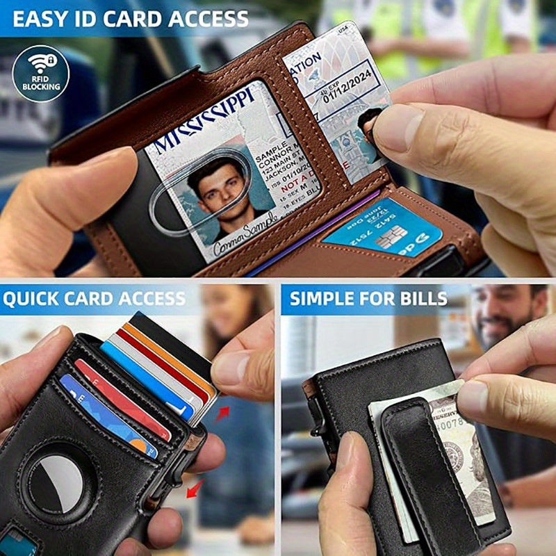 Retro Men’s RFID Blocking Card Case – Black Vintage Microfiber Leather Wallet with Pop-Up Multi-Slots, Magnetic Flip Cover, Coin Pocket & ID Window