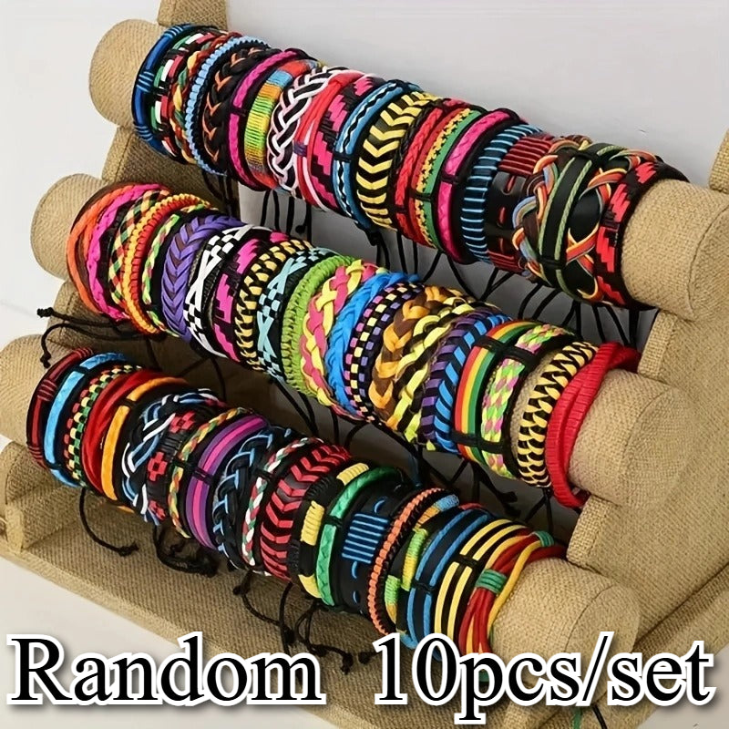 10pcs Mixed-Color Hand-Woven Bracelet Set – Retro Ethnic Vintage Style Unisex Artificial Leather Bracelets for Casual Wear & Halloween Gifts