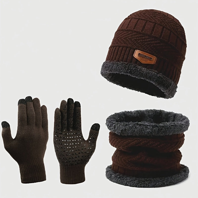 3pcs Unisex Winter Hat & Gloves Set – Furry Lined Adjustable Cap with Lightweight Gloves for Cycling & Outdoor Activities