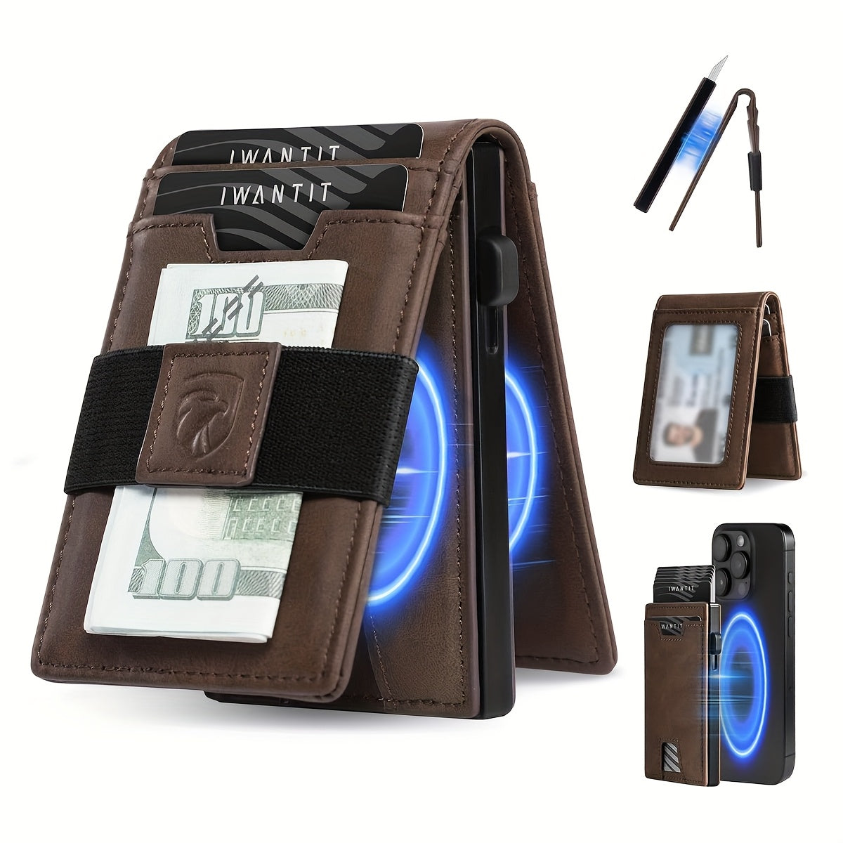 Men's Minimalist Wallet with Credit Card Holder, Premium Full Grain Leather, Smart Pop-up Design, Slim Trifold Wallet, RFID Protection, Front Pocket, ID Window, Father's Day wallet (No Airtag Included)