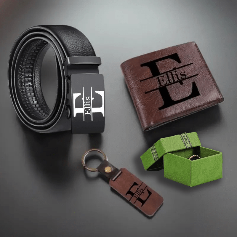 3pcs Customized Men’s Wallet, Belt & Pendant Keychain Gift Set – Vintage PU Leather with Large Name Personalization – Durable Daily Use Accessories for Father’s Day & Birthday Gifts