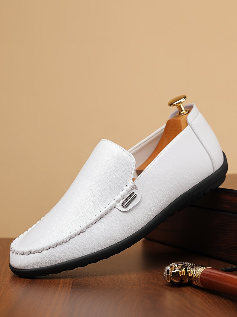 Men’s Business Casual Leather Loafers – Pointed Toe Slip-On Dress Shoes with Rubber Sole, All-Season Minimalist Office & Party Shoes (White)
