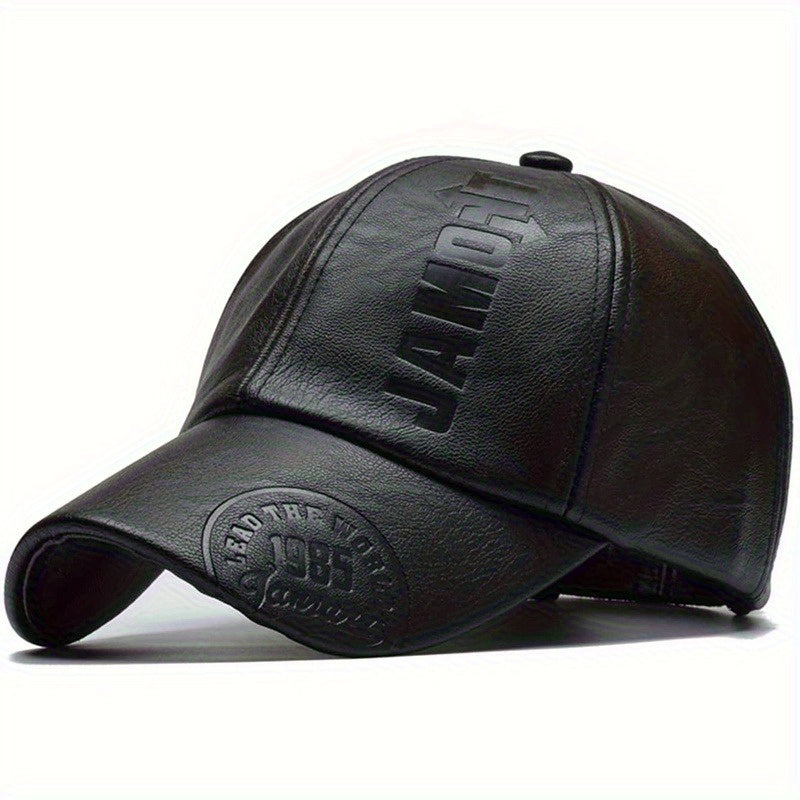 Men’s Vintage British Style Faux Leather Baseball Cap – Adjustable Embossed Logo Hat, Black, Breathable All-Season Casual Cap & Christmas Gift
