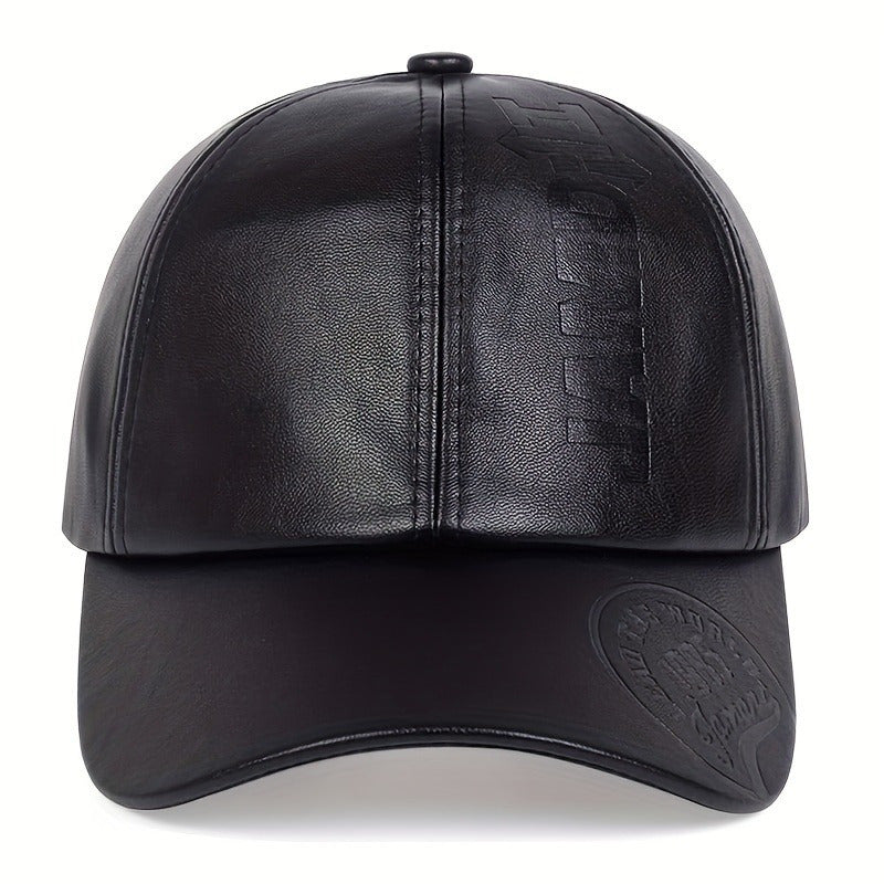 Men’s Vintage British Style Faux Leather Baseball Cap – Adjustable Embossed Logo Hat, Black, Breathable All-Season Casual Cap & Christmas Gift